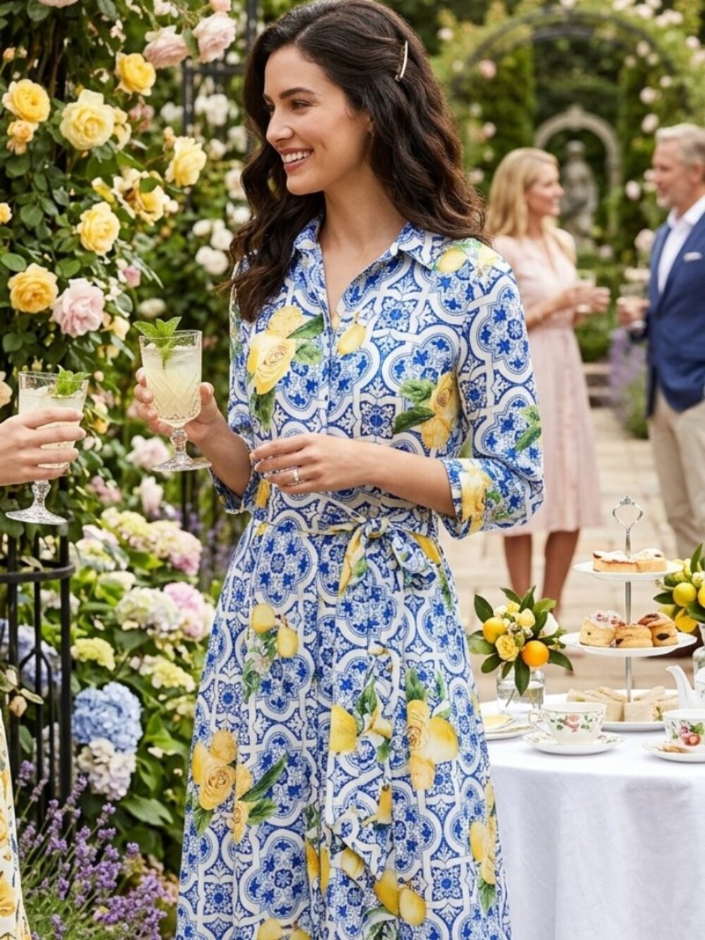 Boston Proper Size 8 Maxi Dress in Blue Print with Yellow Roses and Lemons